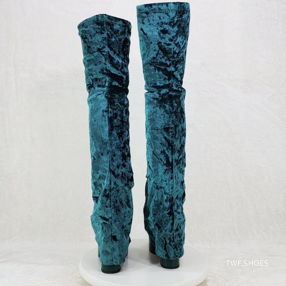 Good Will Unique Thigh High Emerald Velvet Fold over Chunky Heel Platform Boots - Picture 11 of 15